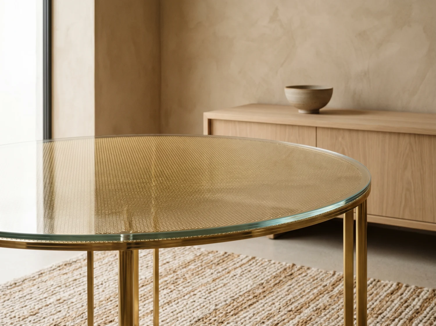 Mesa de diseño con superficie de vidrio y malla tejida
