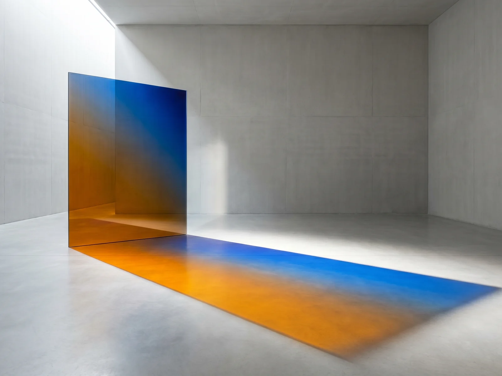 Panel de vidrio dicroico proyectando un campo de color sobre hormigón en una sala vacía